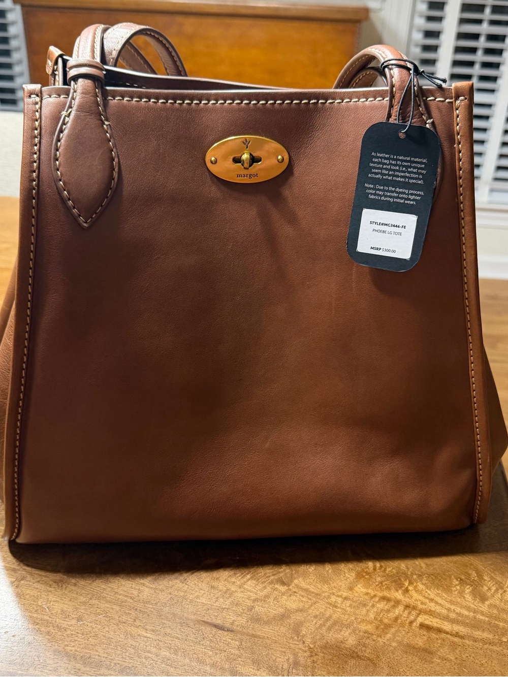 Classic Brown Leather Tote with Gold Turn-Lock